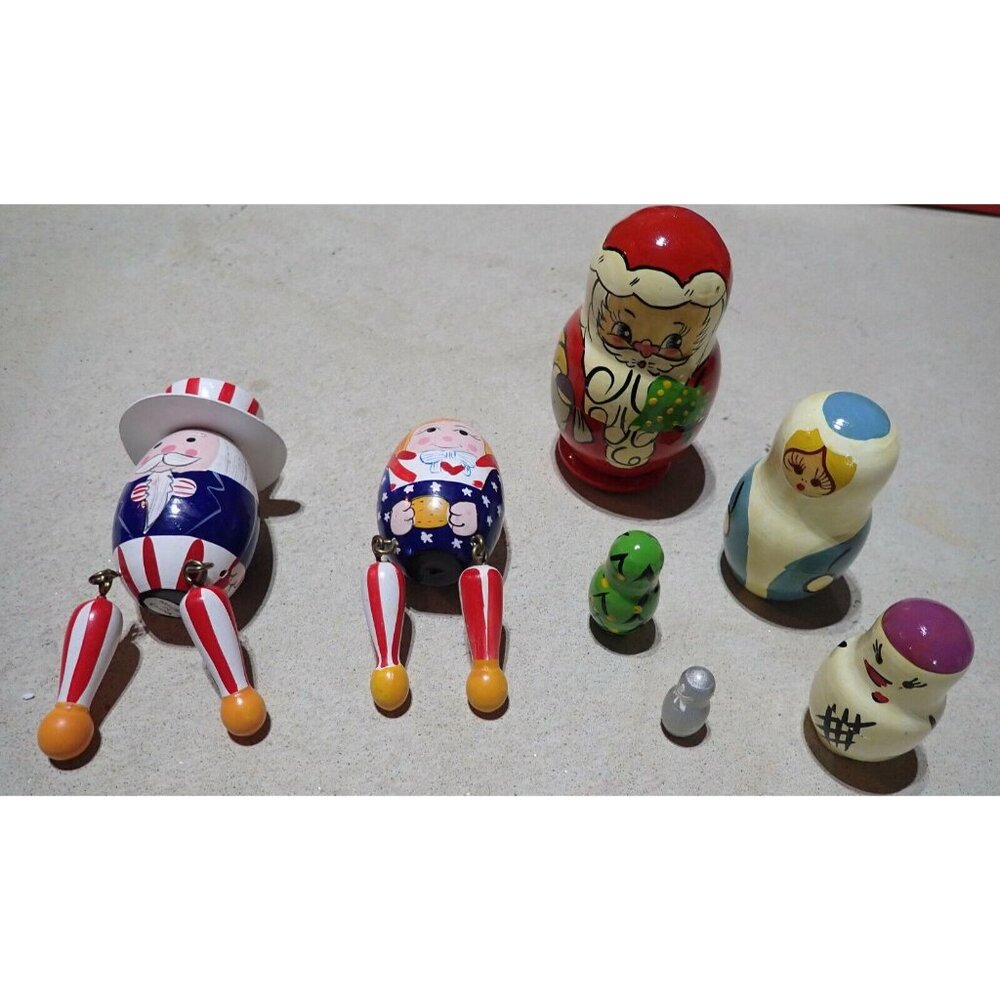 Lot Wooden Christmas Decorations Patriotic & Santa Nesting Figures Lot 3